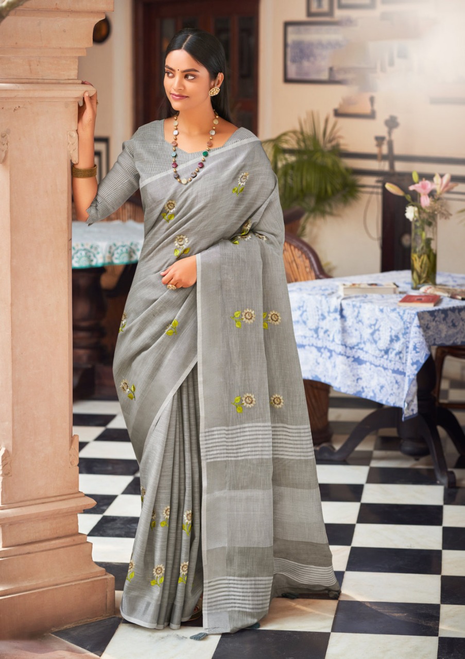 sangam print nagma linen graceful look saree catalog