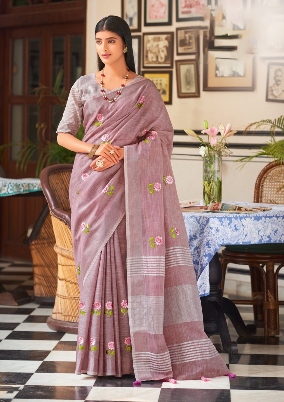 sangam print nagma linen graceful look saree catalog