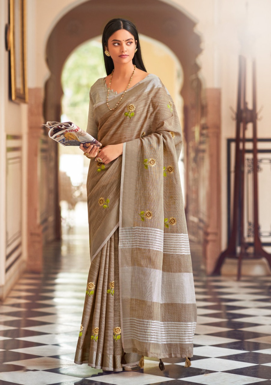 sangam print nagma linen graceful look saree catalog