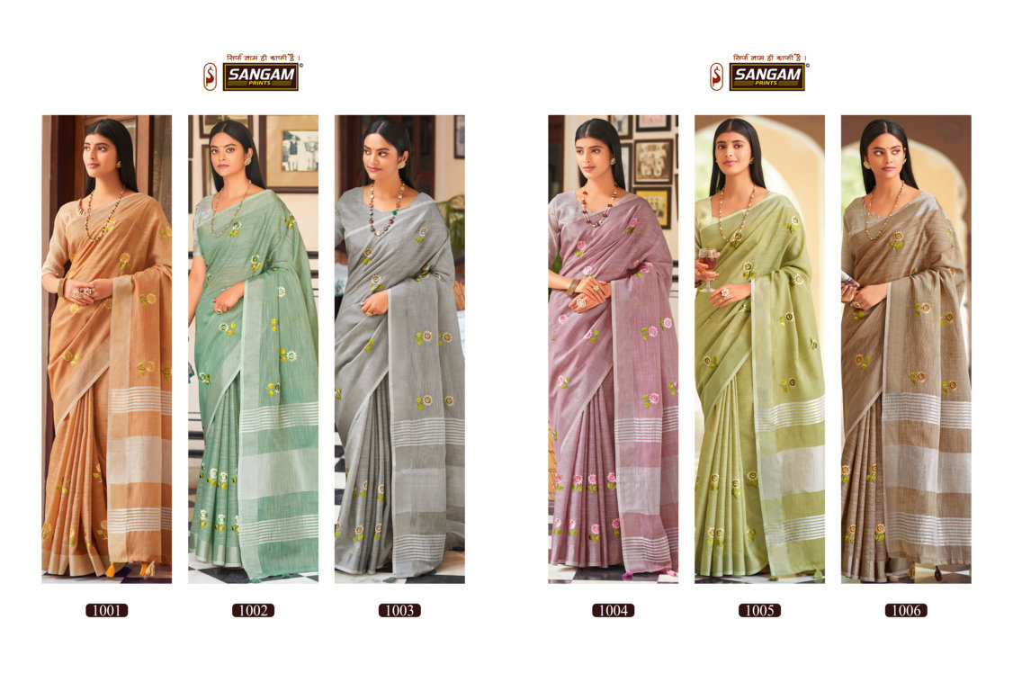 sangam print nagma linen graceful look saree catalog