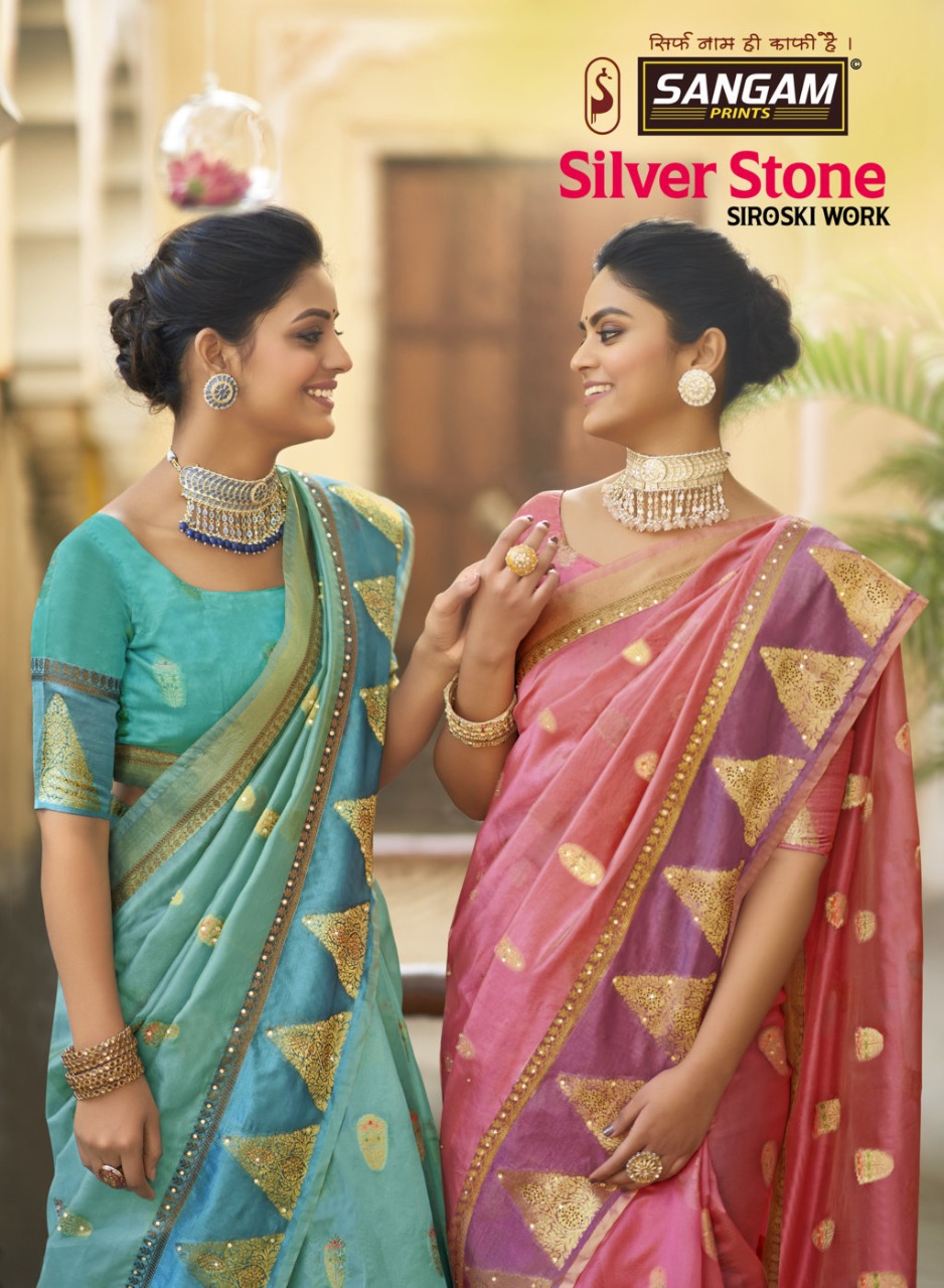 sangam print silver stone organza innovative style saree catalog