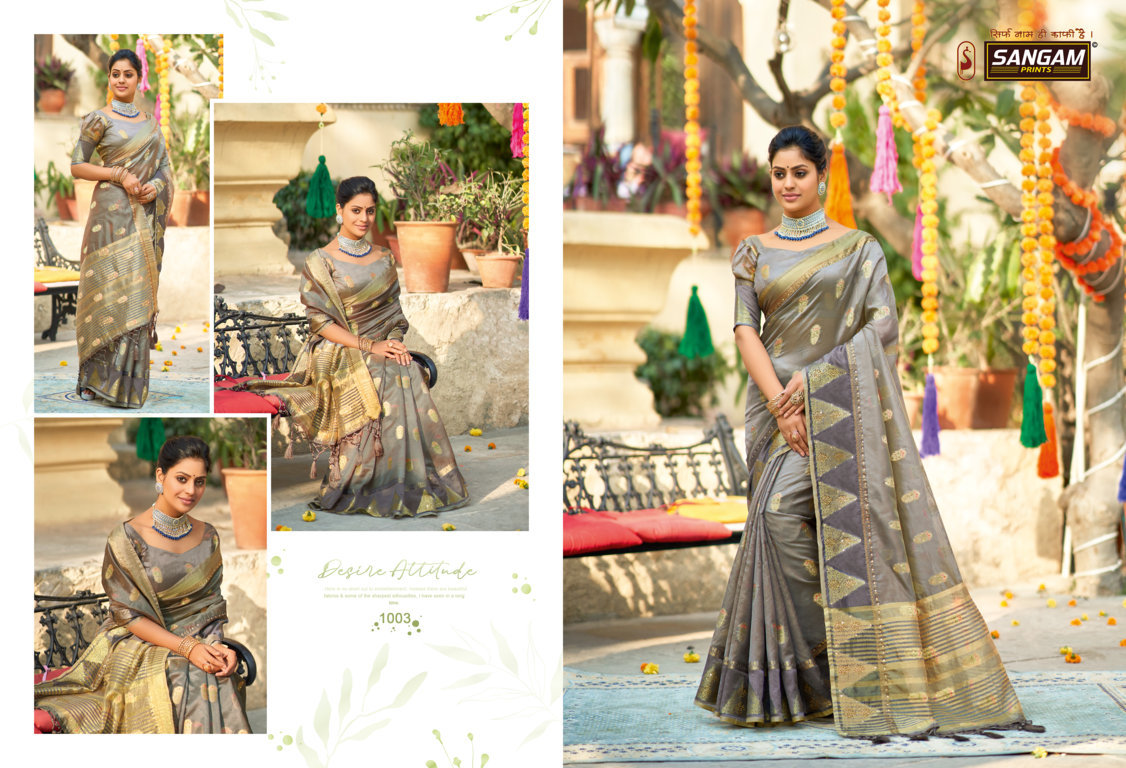 sangam print silver stone organza innovative style saree catalog