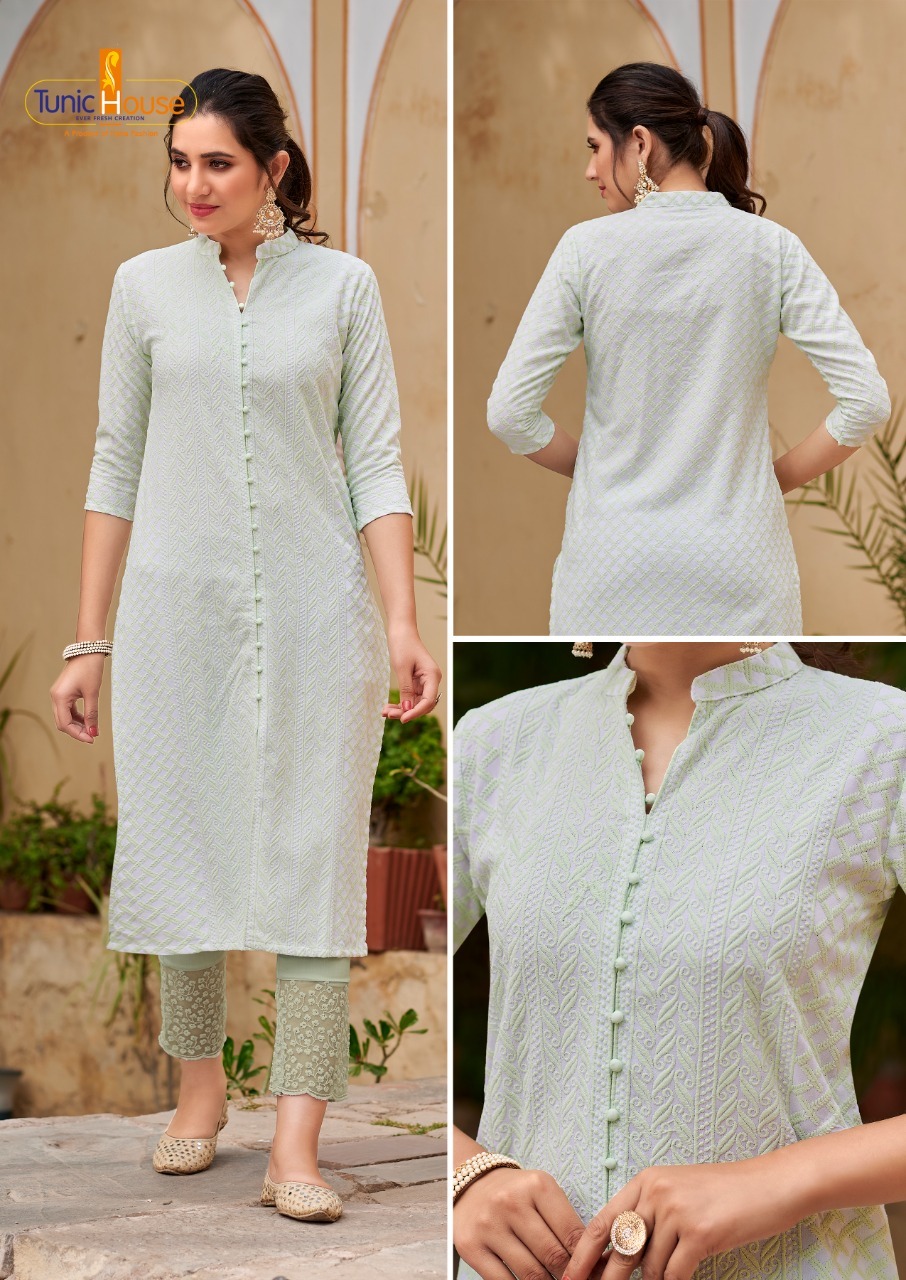 tunic house lucknowi pocket  rayon exclusive work kurti size set catalog