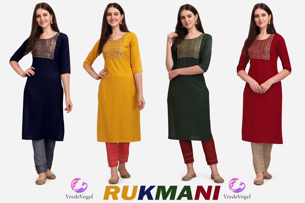 vredevogel rukmani rayon decent look kurti with bottom catalog