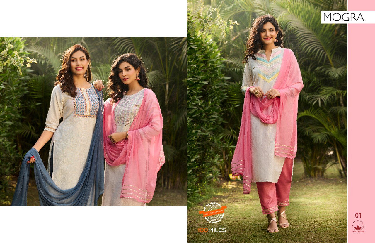 100 miles mogra cotton gorgeous look top with pant and dupatta catalog