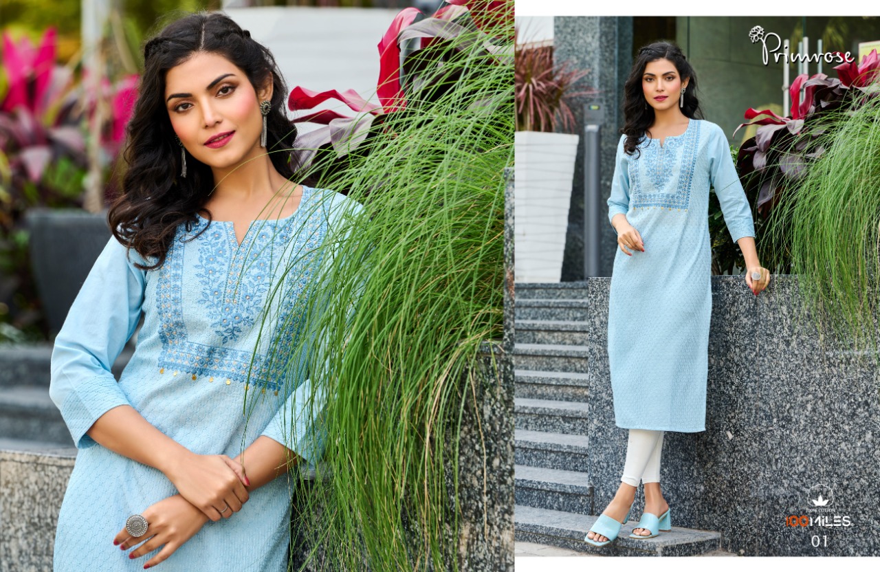 100 Miles primrose cotton authentic fabric kurti catalog