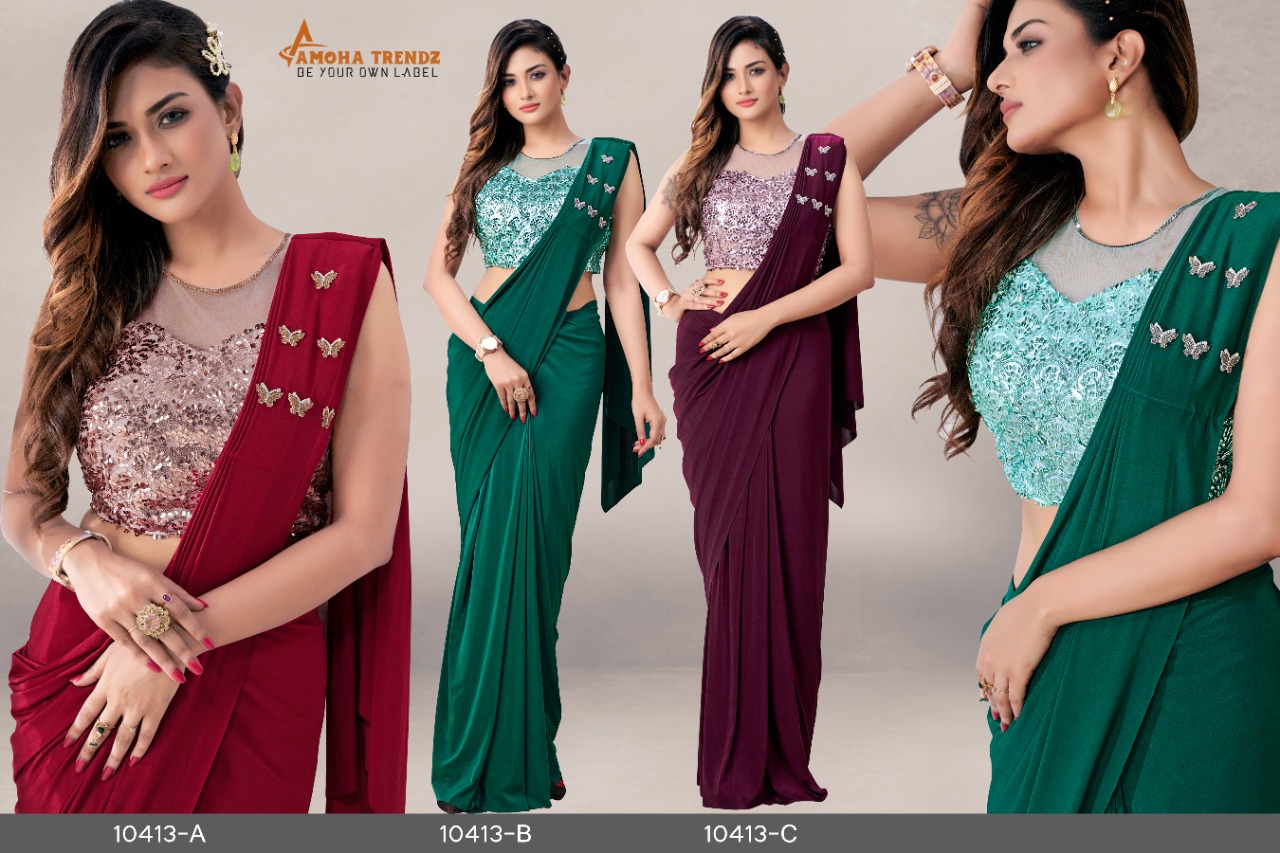 amoha trendz Design No 10413 Imported Lycra gorgeous look saree catalog