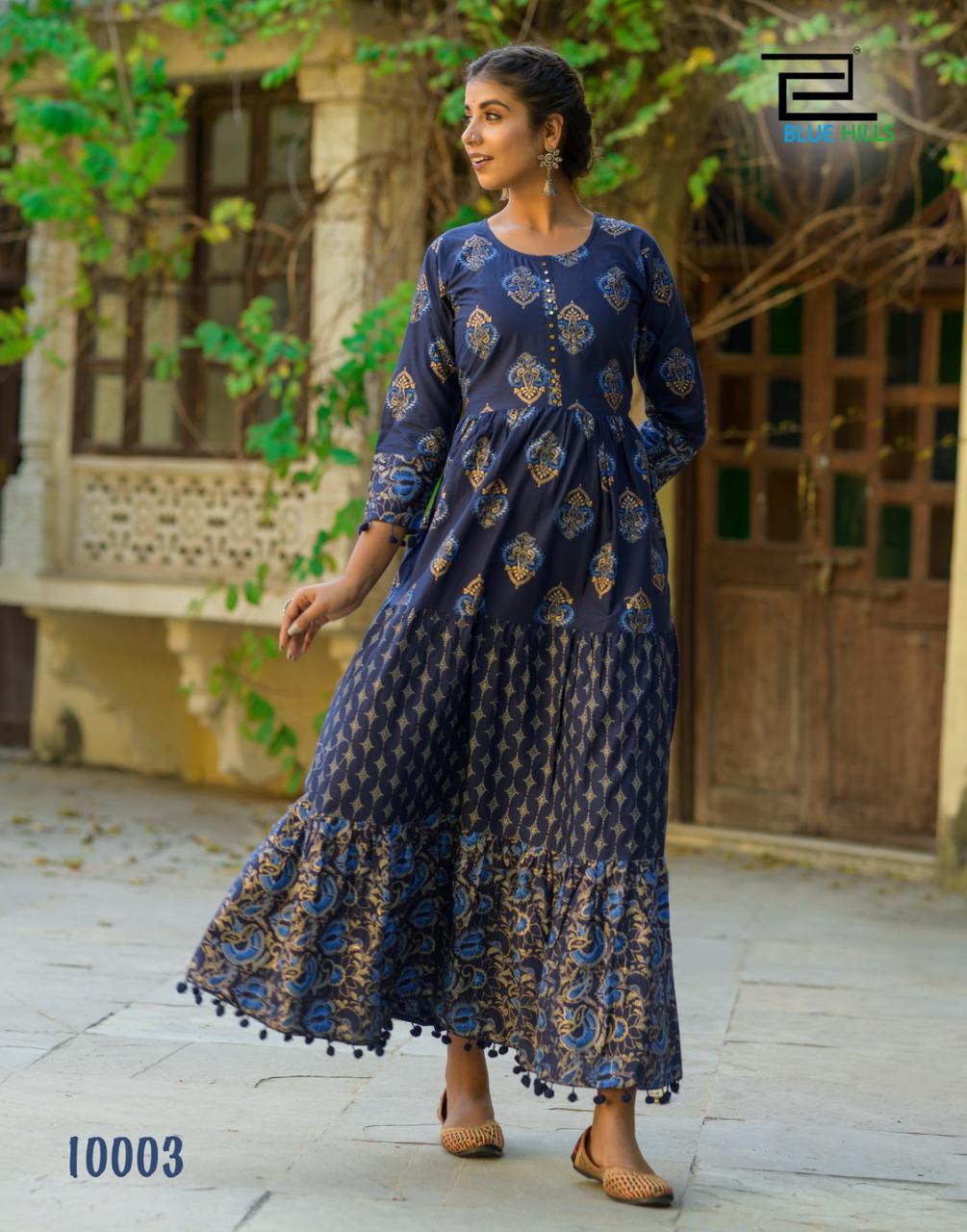 Blue hills Bournvilla Volume 10 cambric cotton attrective Frill Gown With pom pom kurti catalog