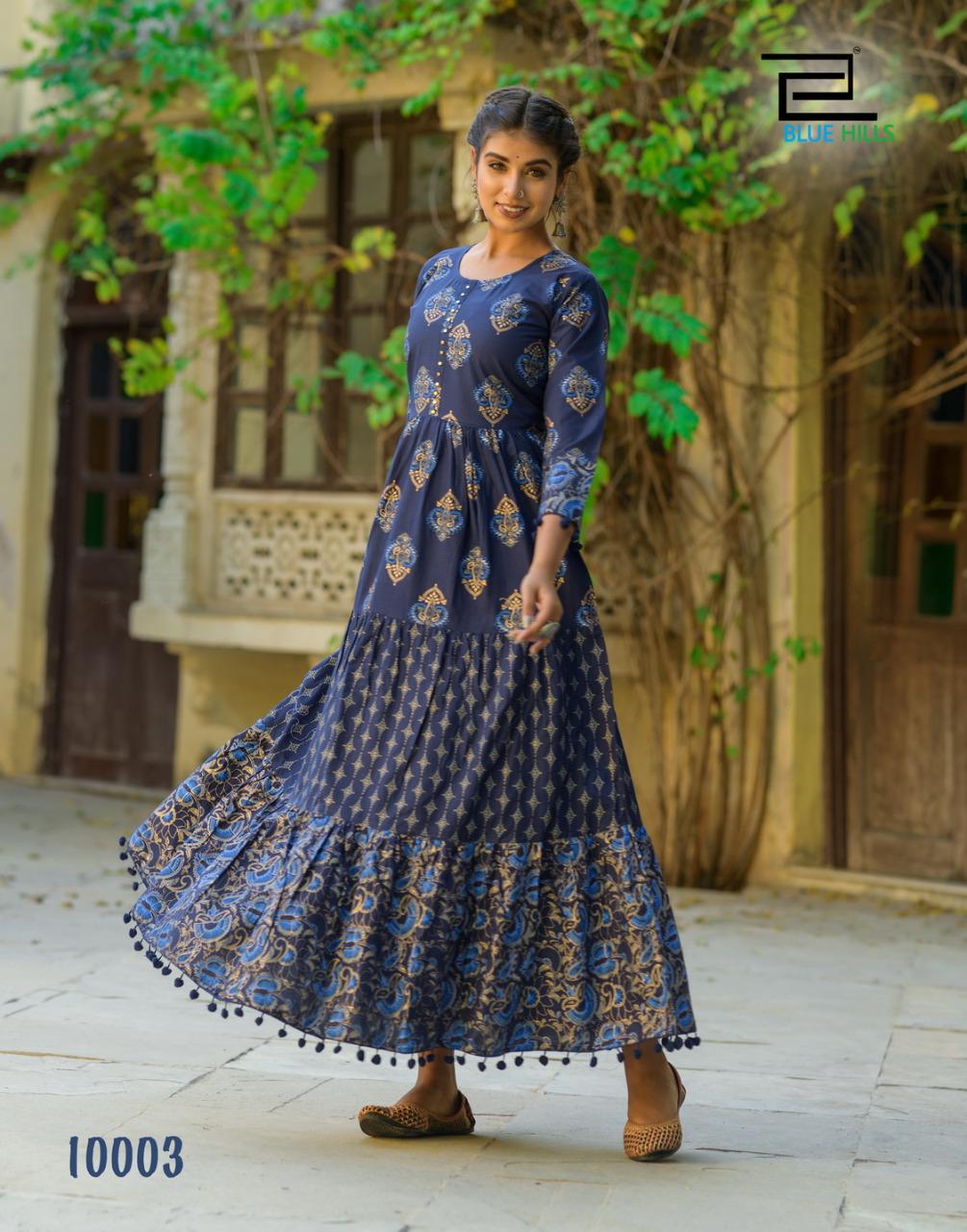 Blue hills Bournvilla Volume 10 cambric cotton attrective Frill Gown With pom pom kurti catalog