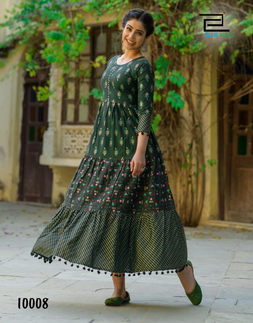 Blue hills Bournvilla Volume 10 cambric cotton attrective Frill Gown With pom pom kurti catalog