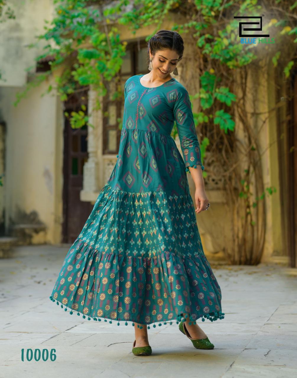 Blue hills Bournvilla Volume 10 cambric cotton attrective Frill Gown With pom pom kurti catalog