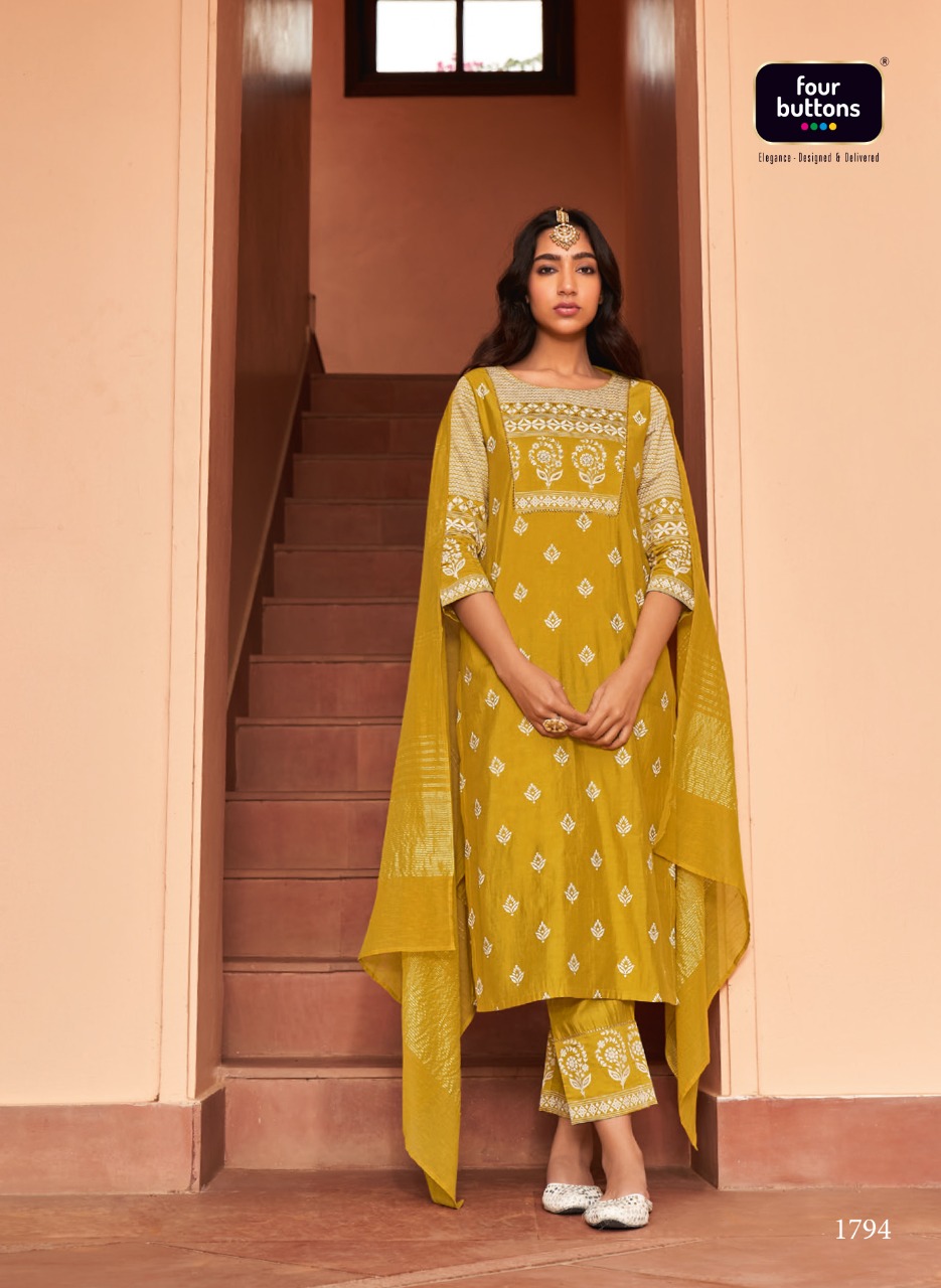 four buttons meher viscose silk decent look and colou top bottom with dupatta catalog