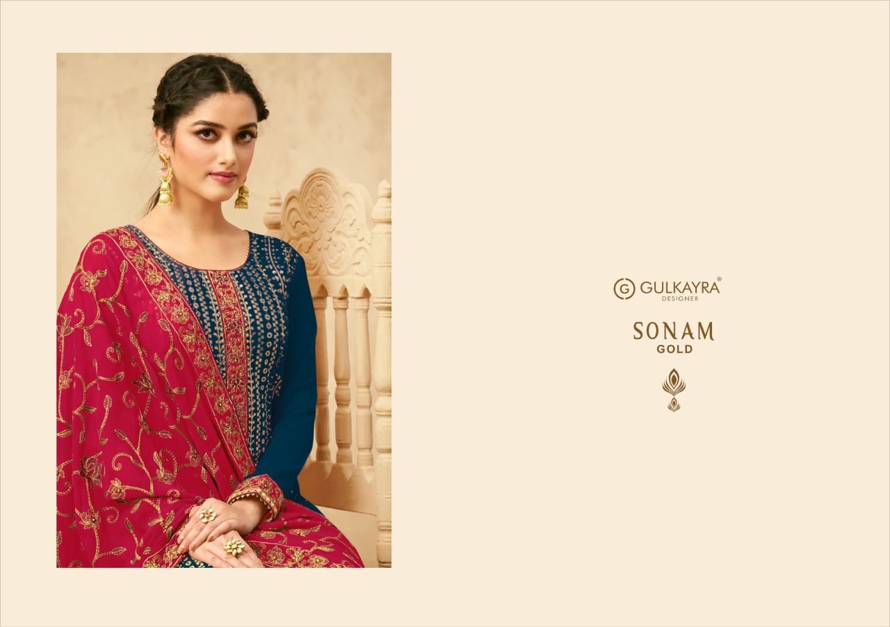 gulkayra designer sonam gold georgette gorgeous look salwra suit catalog