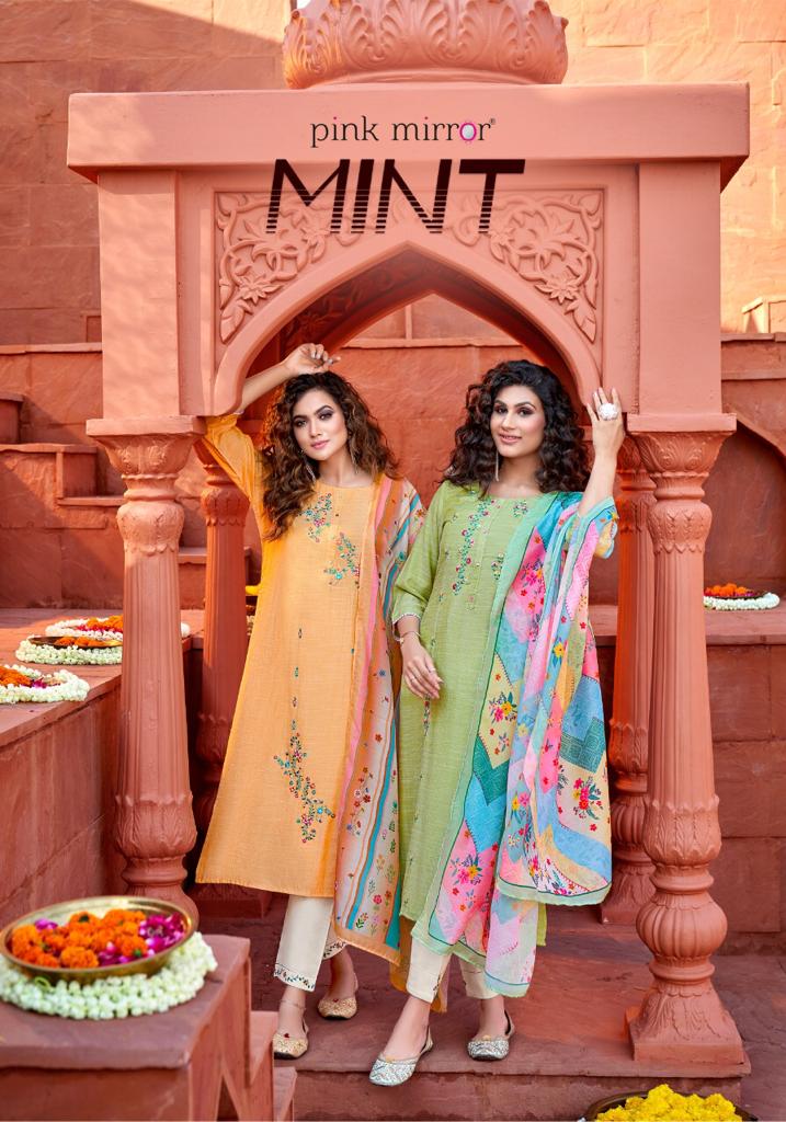 pink mirror mint  viscose decent embroidary look top with pant and dupatta catalog