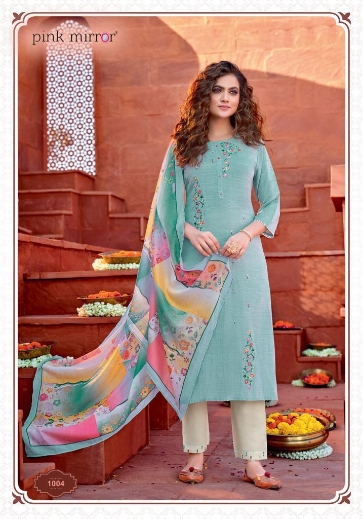 pink mirror mint  viscose decent embroidary look top with pant and dupatta catalog