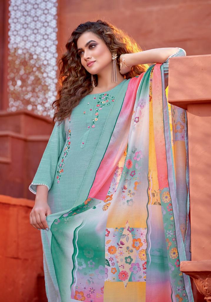 pink mirror mint  viscose decent embroidary look top with pant and dupatta catalog