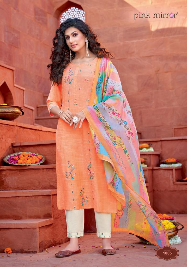 pink mirror mint  viscose decent embroidary look top with pant and dupatta catalog