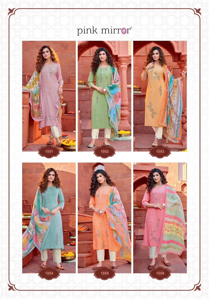 pink mirror mint  viscose decent embroidary look top with pant and dupatta catalog