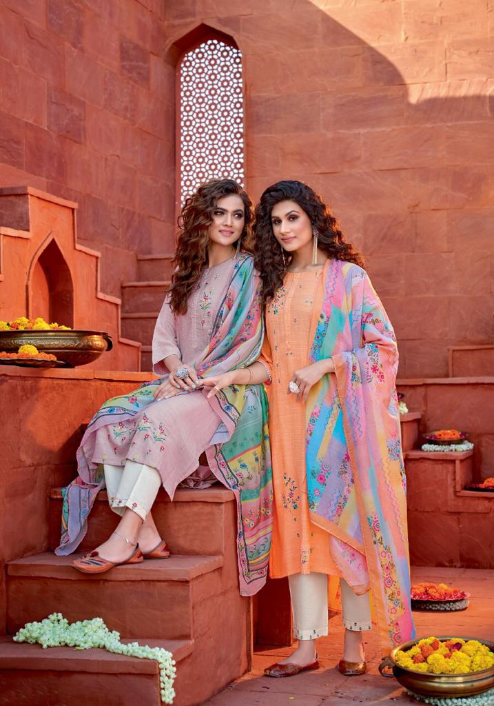 pink mirror mint  viscose decent embroidary look top with pant and dupatta catalog