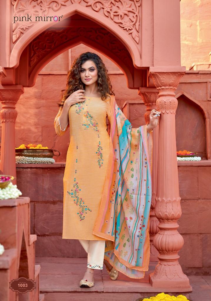 pink mirror mint  viscose decent embroidary look top with pant and dupatta catalog