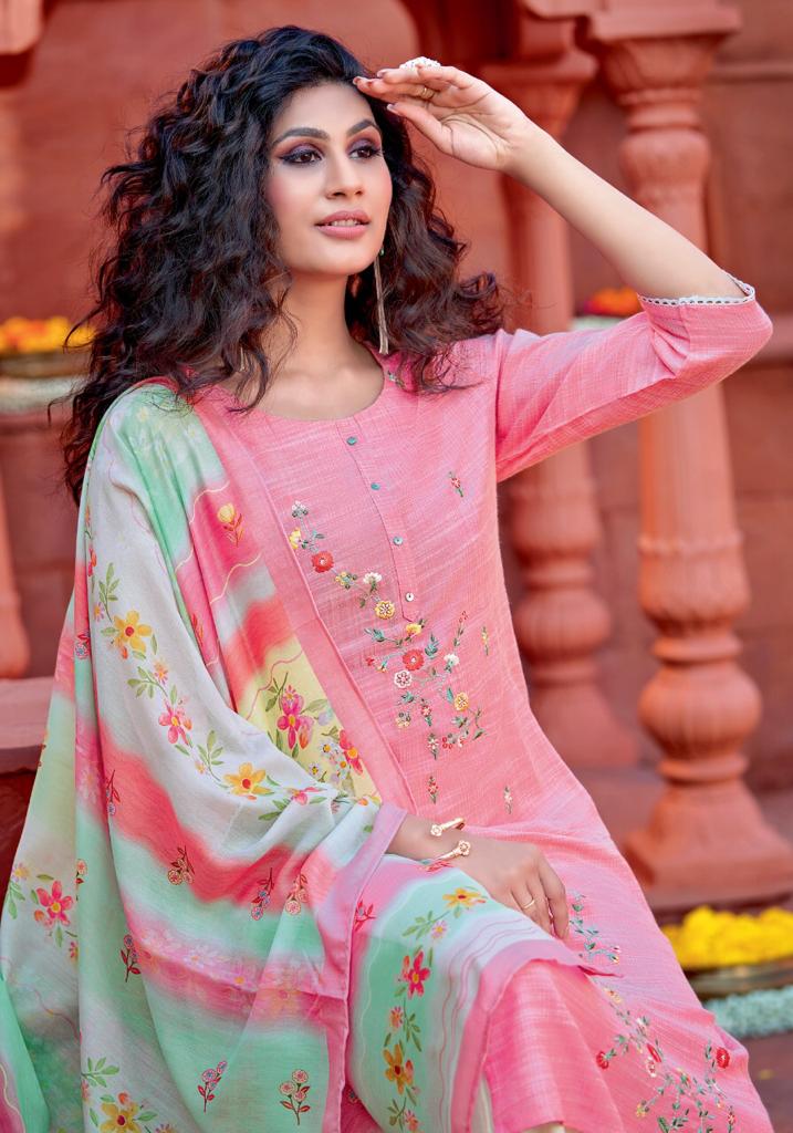 pink mirror mint  viscose decent embroidary look top with pant and dupatta catalog