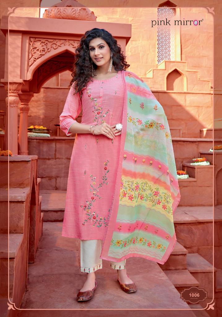 pink mirror mint  viscose decent embroidary look top with pant and dupatta catalog