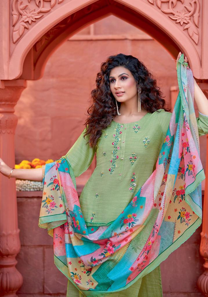 pink mirror mint  viscose decent embroidary look top with pant and dupatta catalog