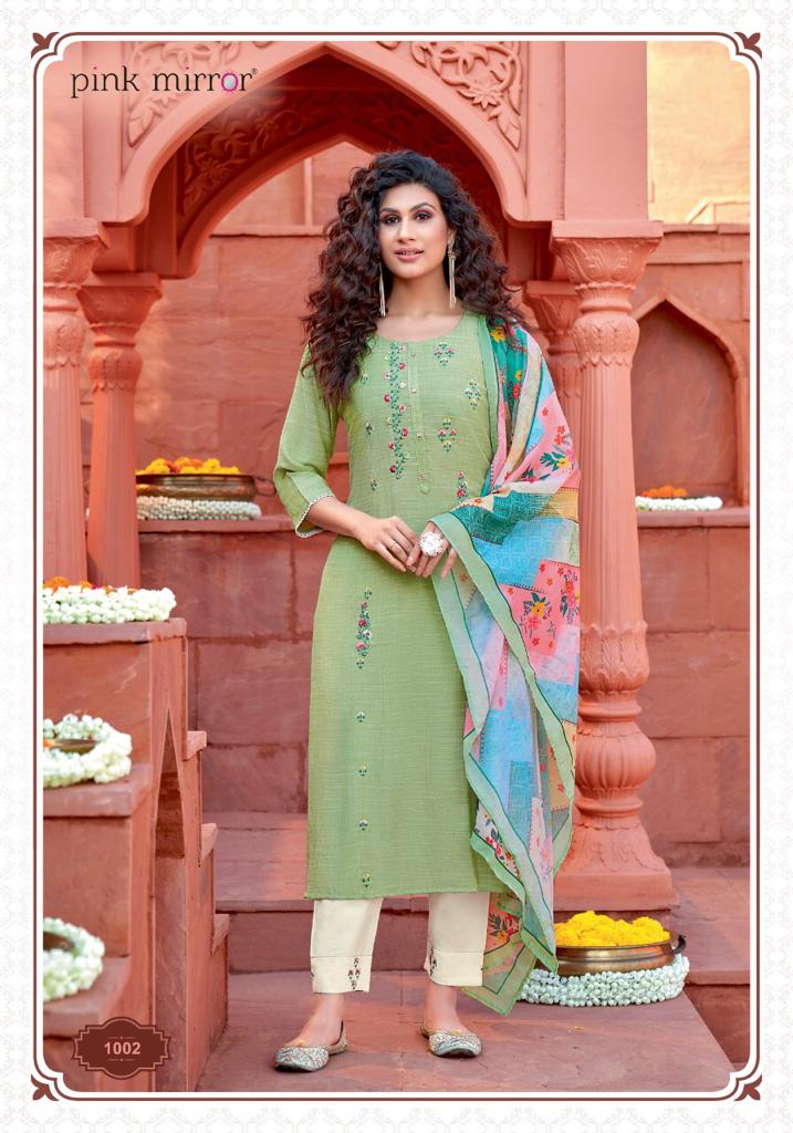 pink mirror mint  viscose decent embroidary look top with pant and dupatta catalog