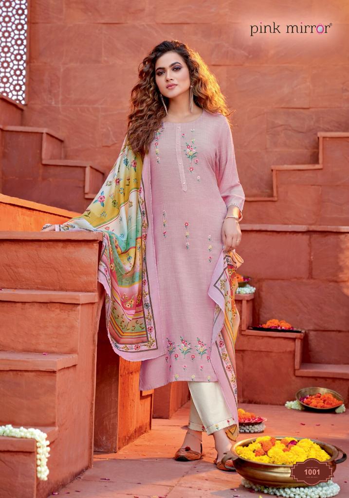 pink mirror mint  viscose decent embroidary look top with pant and dupatta catalog