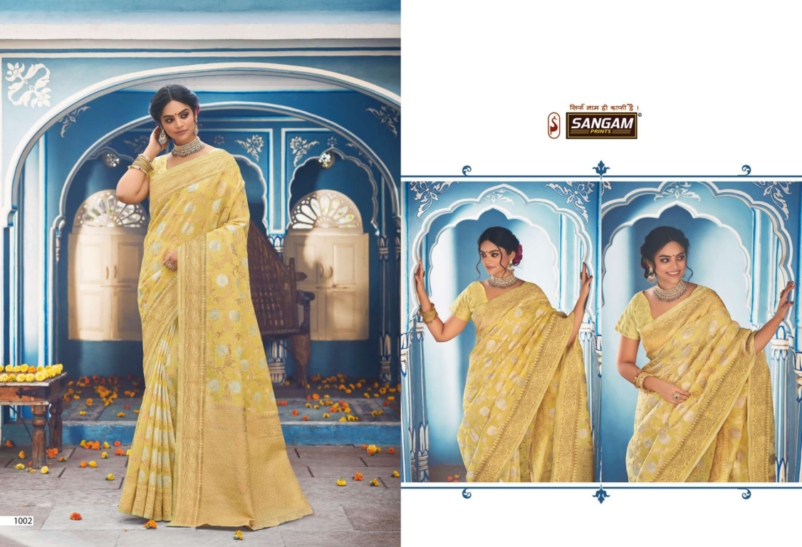 sangam print akshita linen astonishing print saree catalog