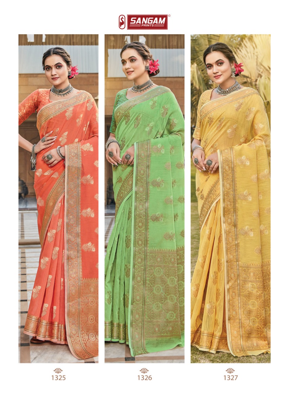 sangam print gulabi linen grace ful look saree catalog