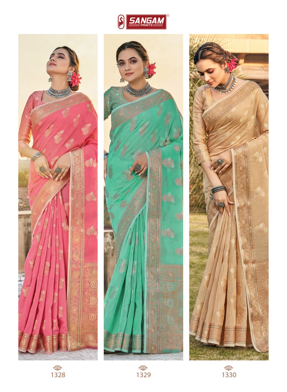 sangam print gulabi linen grace ful look saree catalog