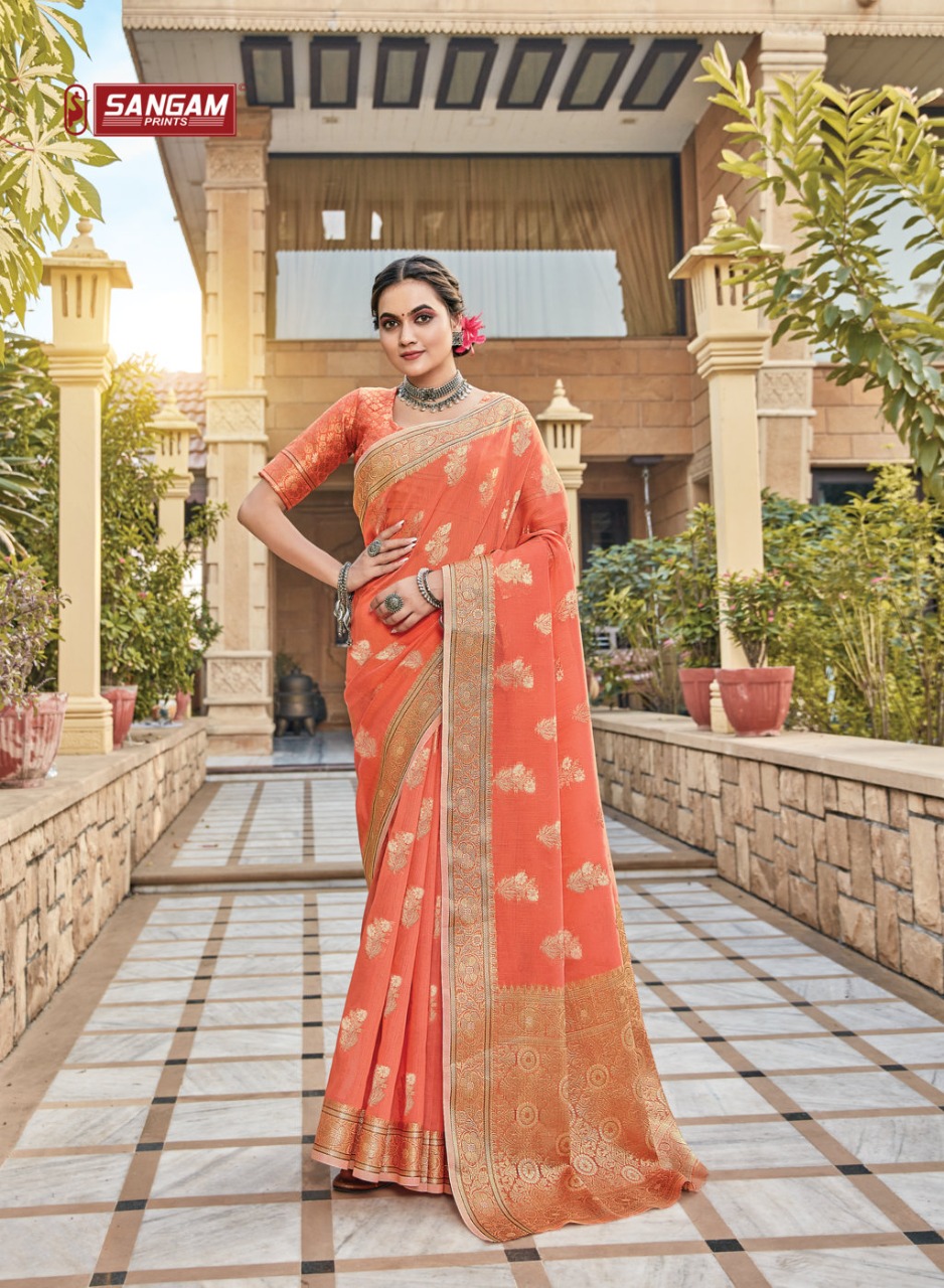 sangam print gulabi linen grace ful look saree catalog