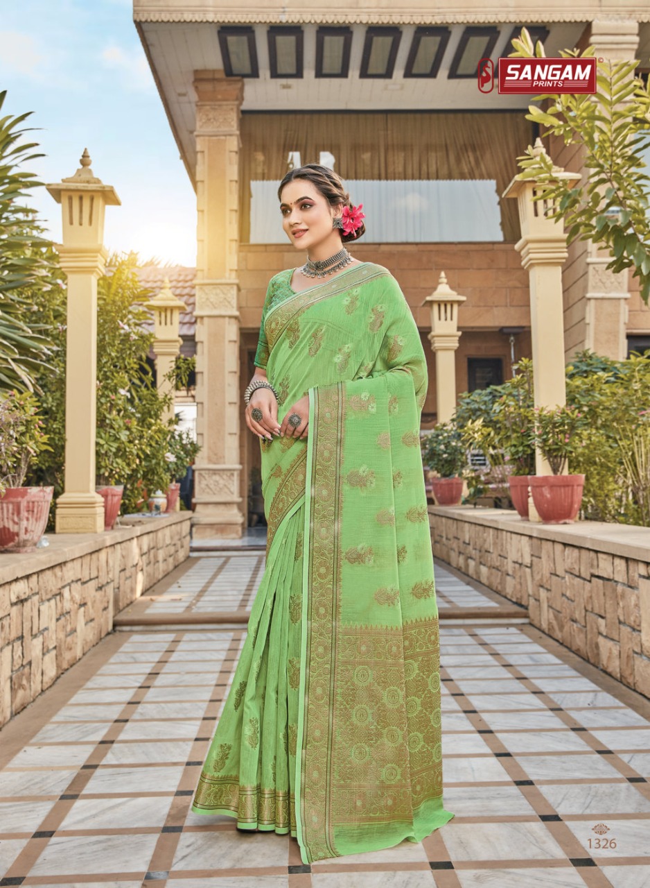 sangam print gulabi linen grace ful look saree catalog