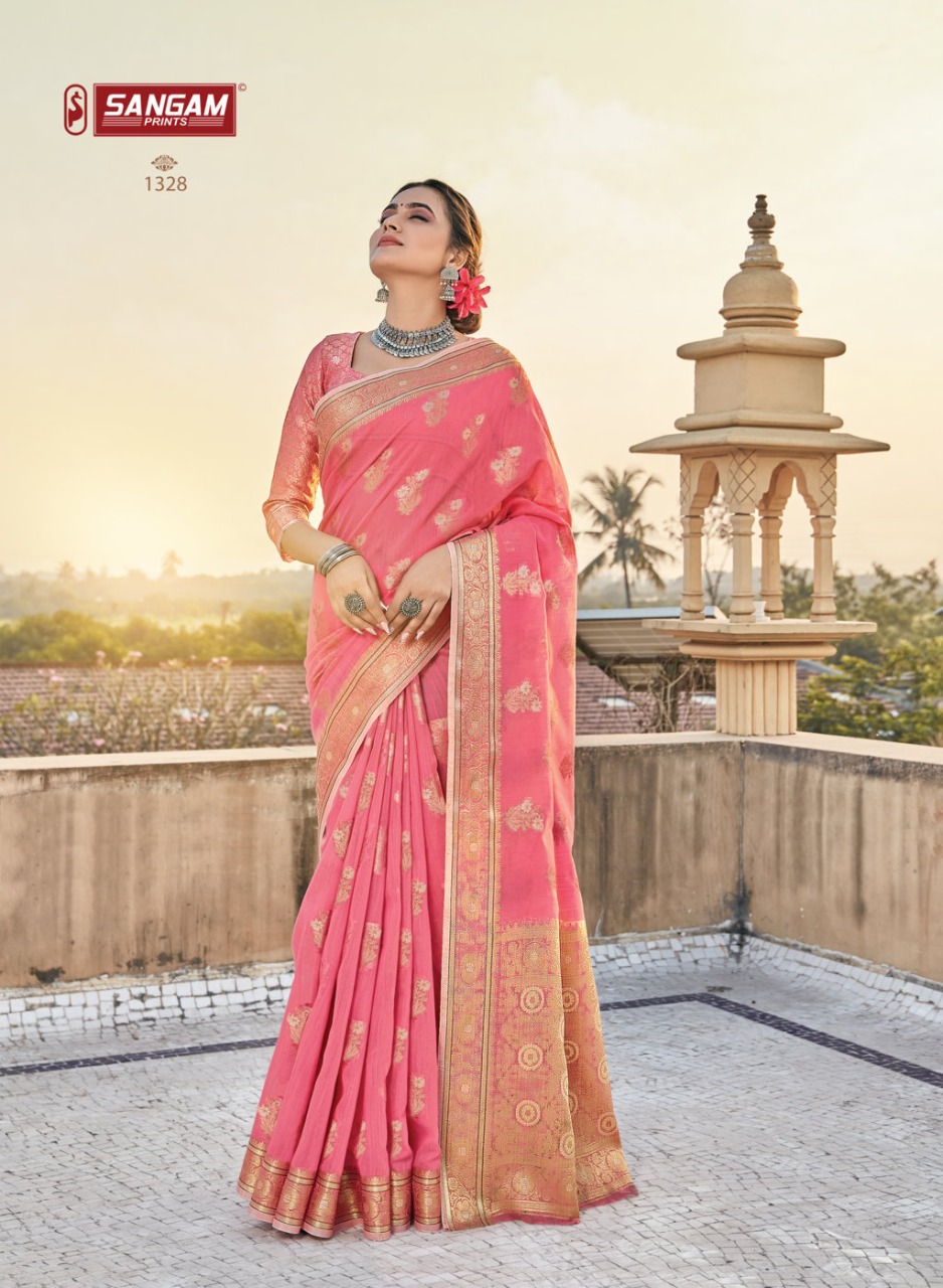 sangam print gulabi linen grace ful look saree catalog