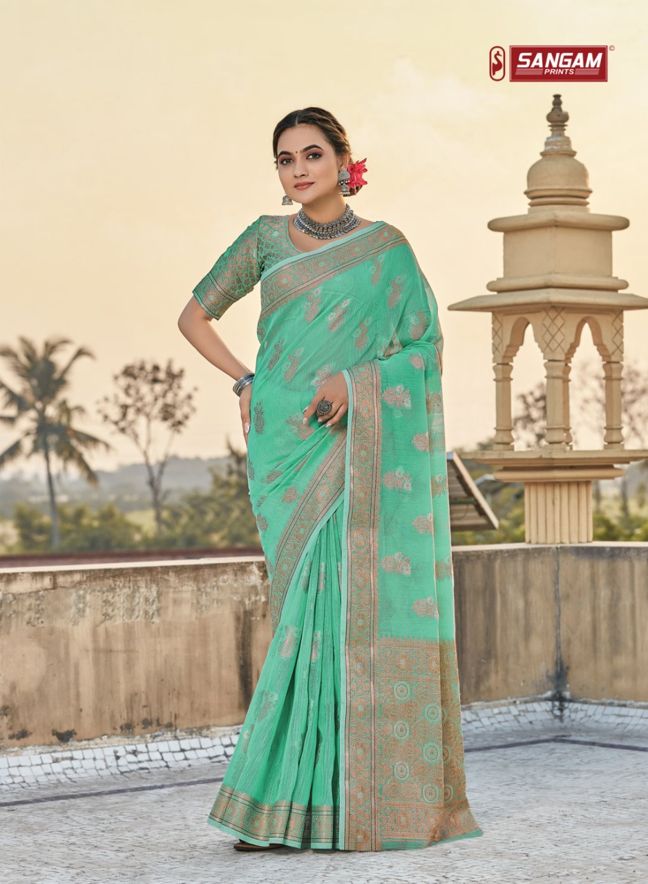 sangam print gulabi linen grace ful look saree catalog