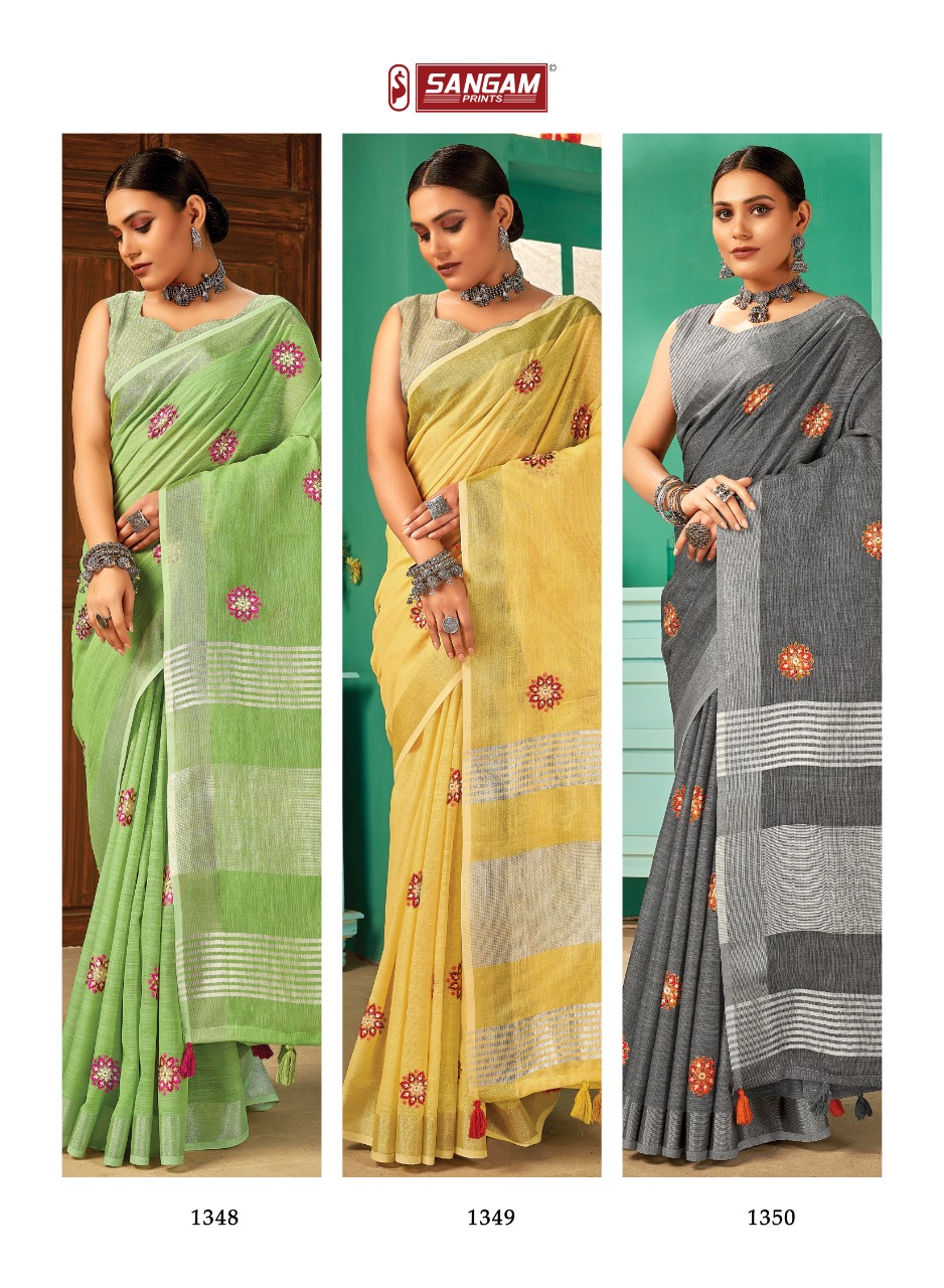 sangam print paro linen elegant saree catalog