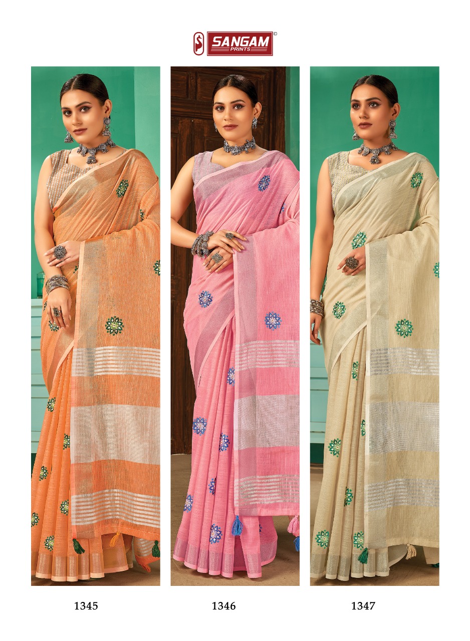 sangam print paro linen elegant saree catalog