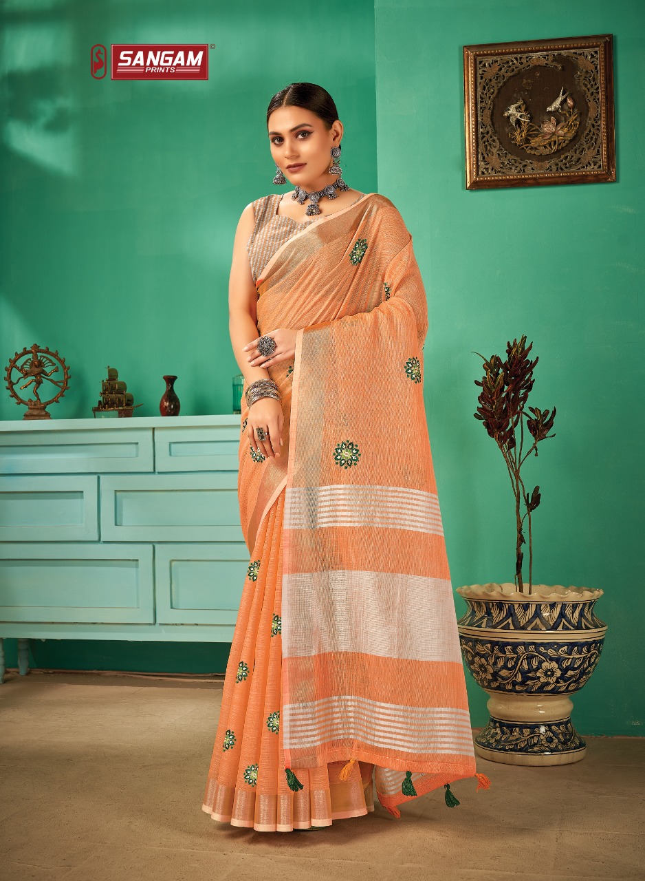 sangam print paro linen elegant saree catalog