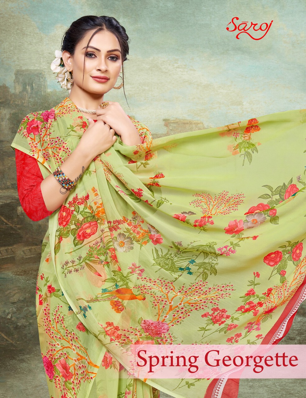 saroj saree spring georgette ecclusive print saree catalog