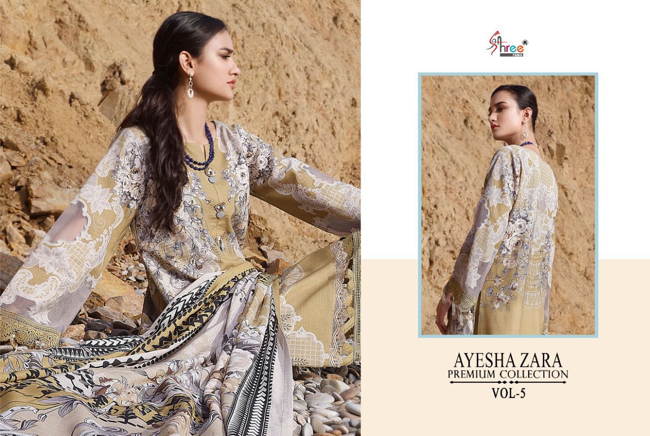 shree fab ayesha zara premium collection vol 5 cotton  authentic fabric salwar suit with silver dupatta catalog