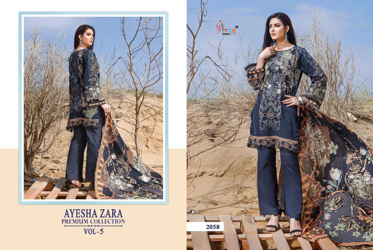 shree fab ayesha zara premium collection vol 5 cotton  authentic fabric salwar suit with silver dupatta catalog