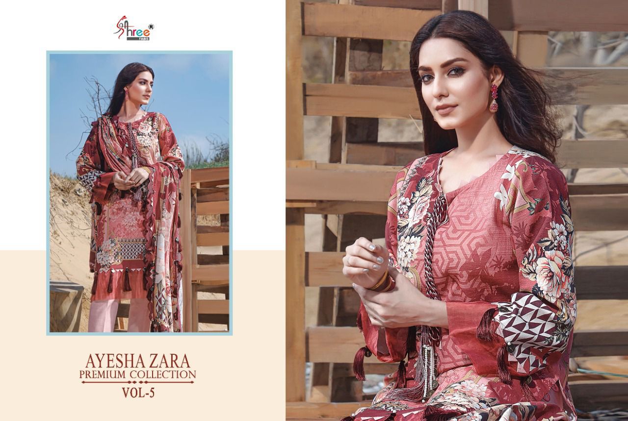 shree fab ayesha zara premium collection vol 5 cotton  authentic fabric salwar suit with silver dupatta catalog