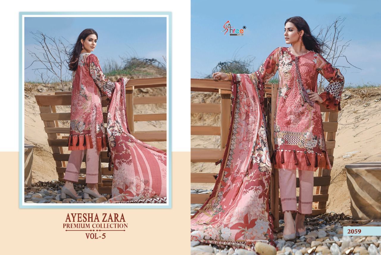 shree fab ayesha zara premium collection vol 5 cotton  authentic fabric salwar suit with silver dupatta catalog