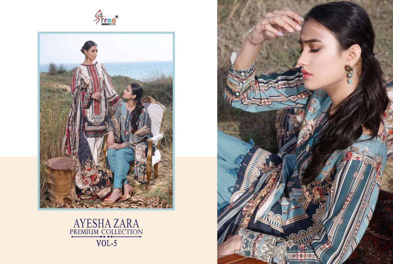 shree fab ayesha zara premium collection vol 5 cotton  authentic fabric salwar suit with silver dupatta catalog