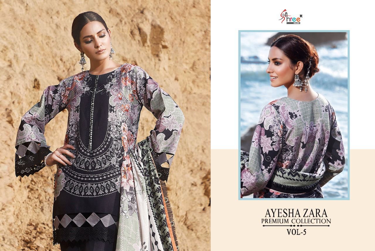 shree fab ayesha zara premium collection vol 5 cotton  authentic fabric salwar suit with silver dupatta catalog