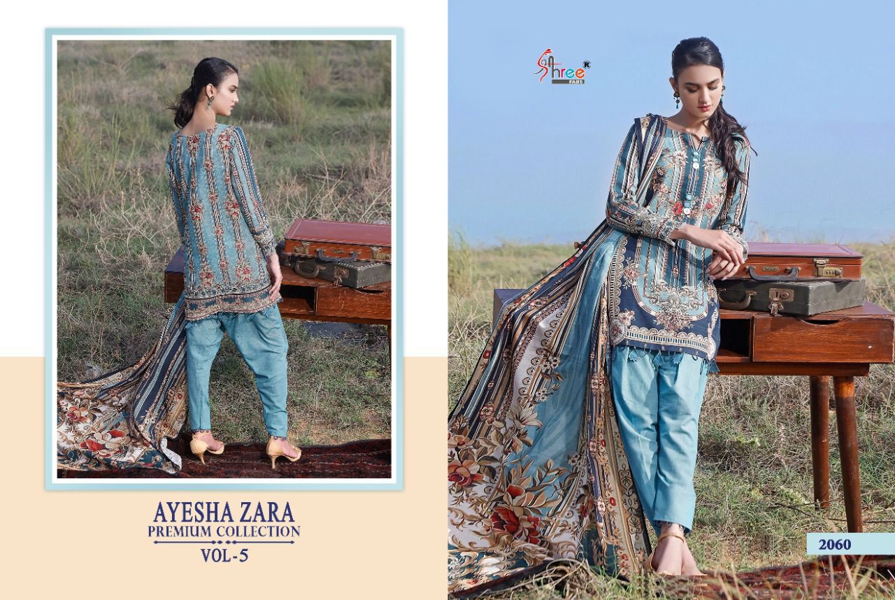 shree fab ayesha zara premium collection vol 5 cotton  authentic fabric salwar suit with silver dupatta catalog