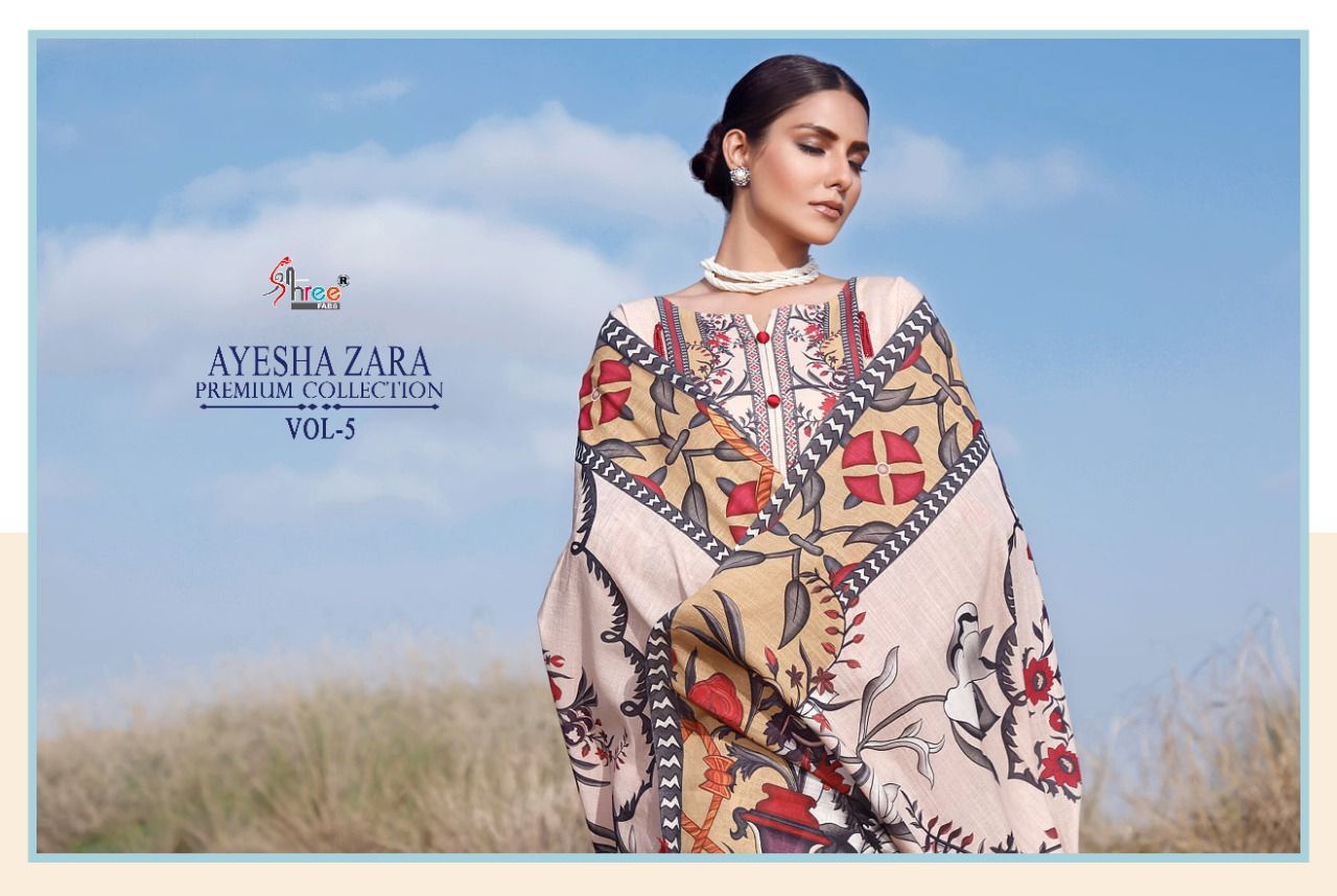 shree fab ayesha zara premium collection vol 5 cotton  authentic fabric salwar suit with silver dupatta catalog