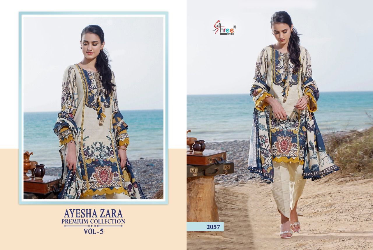 shree fab ayesha zara premium collection vol 5 cotton  authentic fabric salwar suit with silver dupatta catalog