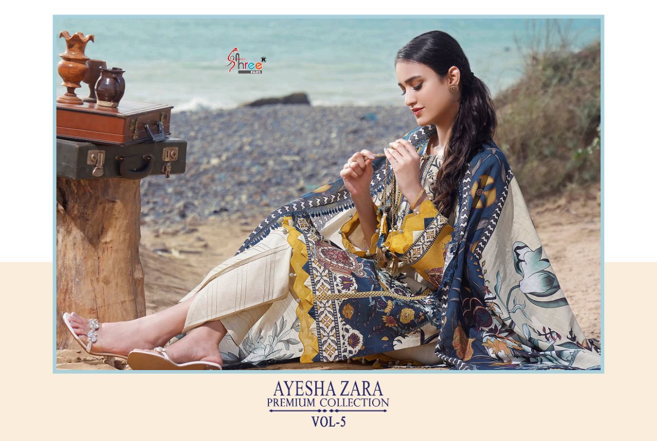 shree fab ayesha zara premium collection vol 5 cotton  authentic fabric salwar suit with silver dupatta catalog